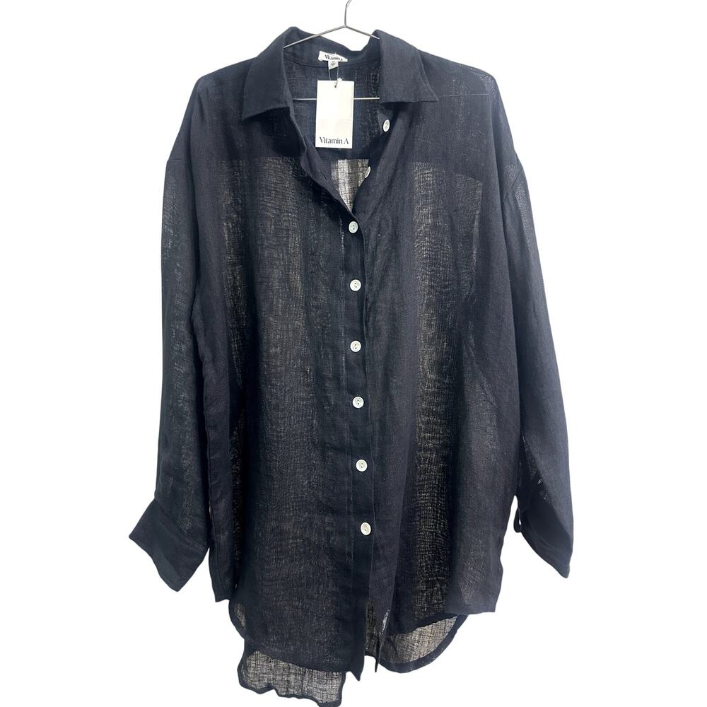 Vitamin A Eco Linen Oversized Collared Long Sleeve Shirt Black Women's Size M